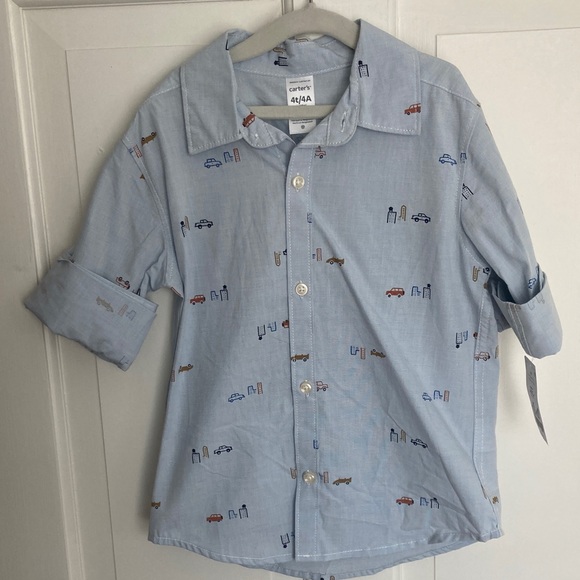 Carter's 4T Blue button down Shirt with Car Pattern. NWT - Picture 1 of 4